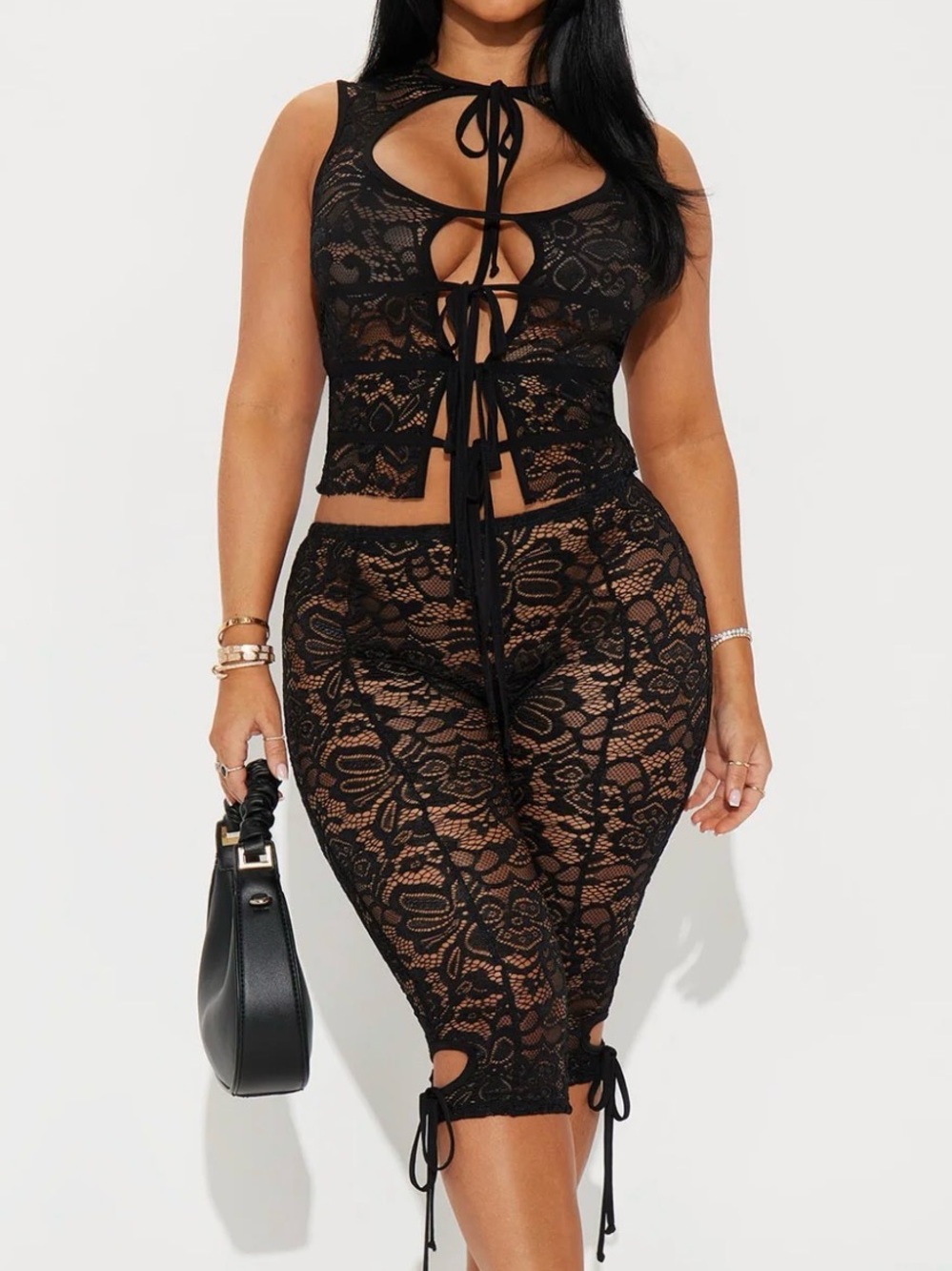 Fashion nova Black Lace Two-Piece Tie Front Crop Top & Skirt Set